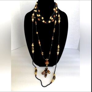 "SOLD' Curated Boho Tassel Necklace Set Infinity Multi Strand Resin Wood Bead
